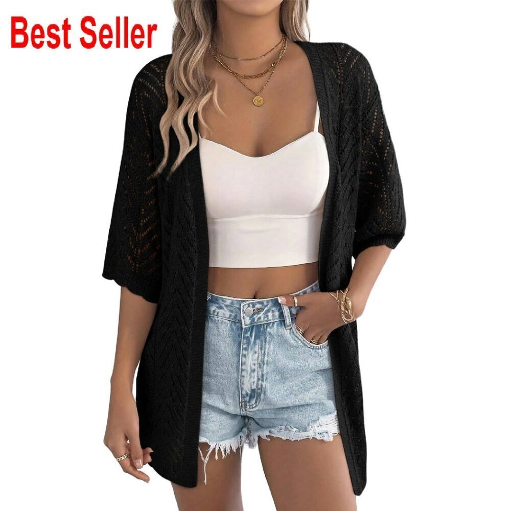 Crochet Knit Cardigan Short Sleeve Open Front Boho Kimono Lightweight Chic